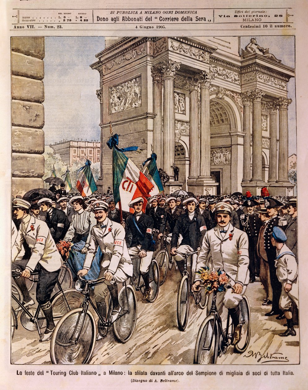 Syklister som paraderer ved Arch of Peace, Italian Touring Club-feiring i Milano, Italia, illustrasjon av Achille Beltrame fra La Domenica del Corriere, 4. juni av Achille Beltrame