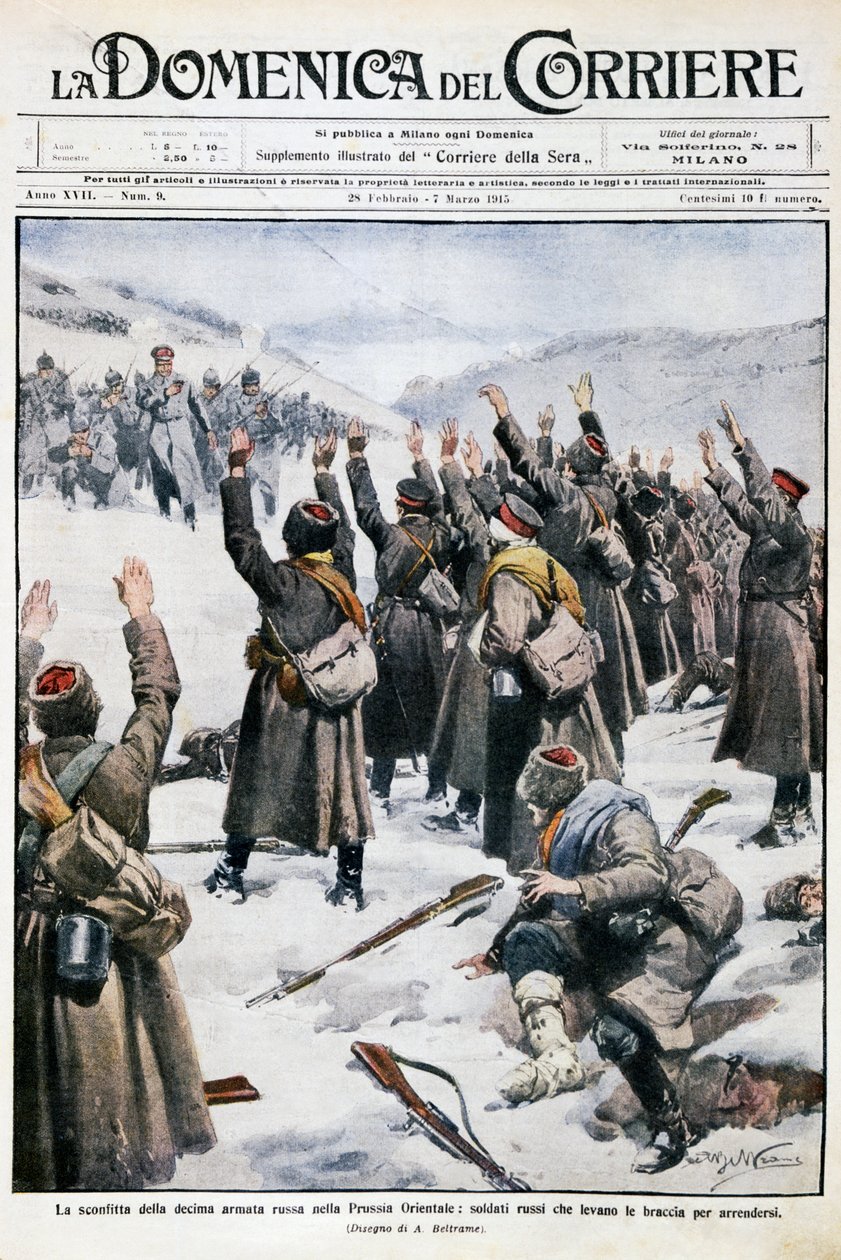 Nederlag av tiende russiske hær i Øst-Preussen: Russiske soldater løfter armene i overgivelse, plate av Achille Beltrame (1871-1945) fra La Domenica del Corriere, 28. februar-7. mars 1915 av Achille Beltrame