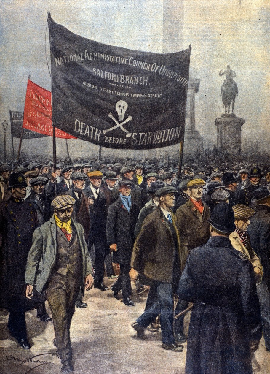 Demonstrasjon av mindreårige i streik. London 1922. Illustrasjon av Achille Beltrame. "Kurerens søndag". av Achille Beltrame