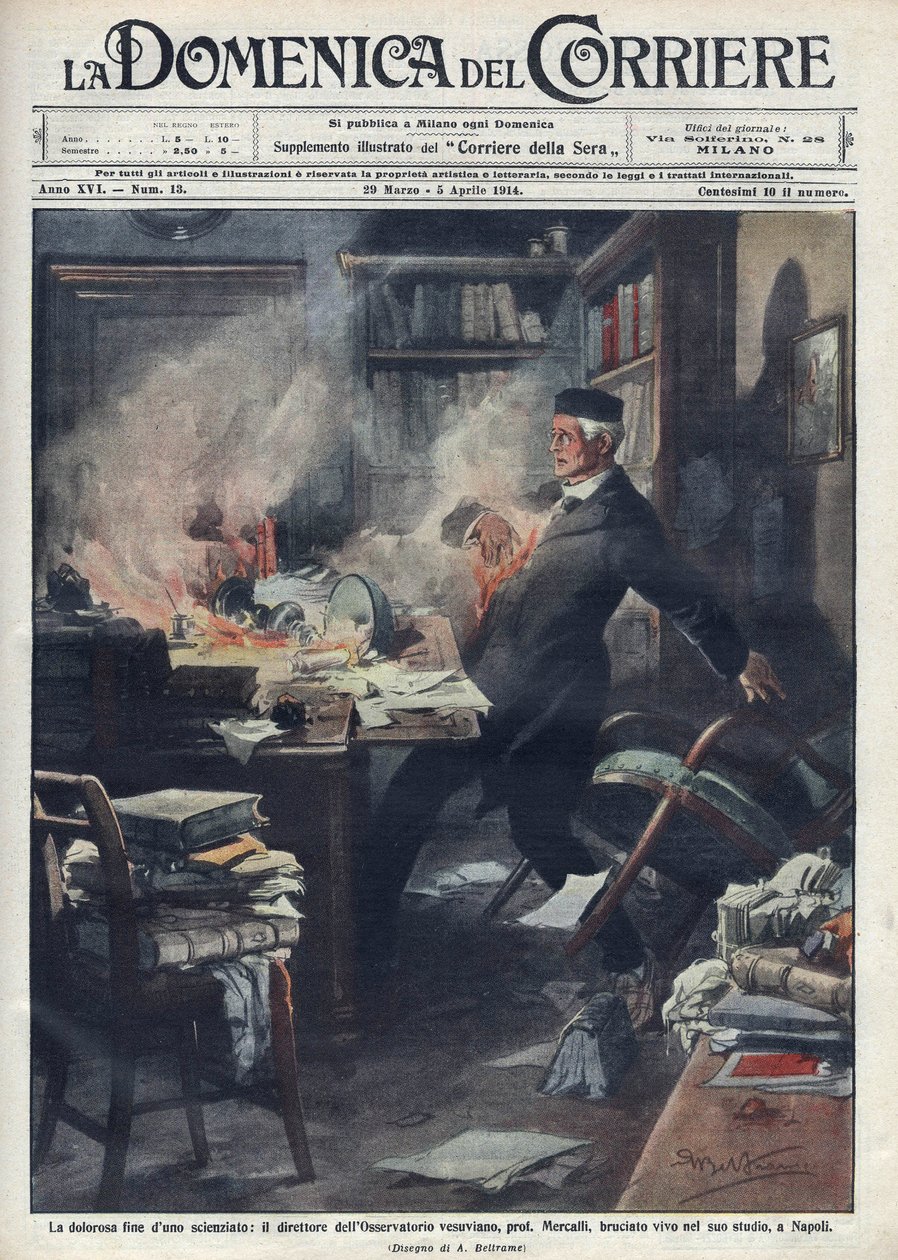 Døde i laboratoriet sitt i Napoli av Giuseppe Mercalli (1850 -1914), italiensk seismolog og vulkanolog. Illustrasjon av Achille Beltrame for "" La domenica del corriere""". 1914. av Achille Beltrame