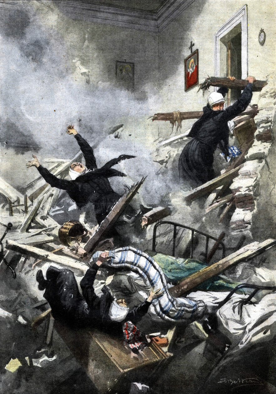 Katastrofe i en bygning i Genova: gode søstre forsvant i sammenbruddet av to leiligheter. ill. de Beltrame. "La Domenica del Corriere". 04/1914. av Achille Beltrame