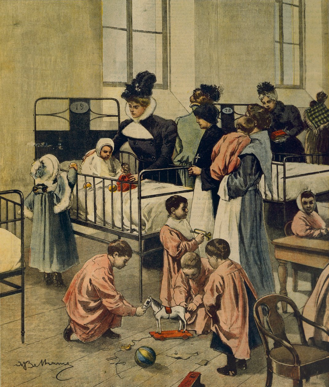 Utdeling av julegaver til fattige barn på sykehus, av Achille Beltrame, illustrasjon, Illustratør Achille Beltrame (1871-1945), fra La Domenica del Corriere, 23. november 1900 av Achille Beltrame