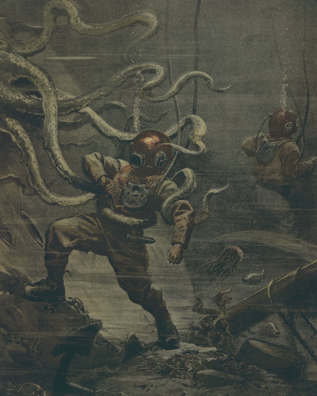 Dykker blir angrepet av gigantisk blekksprut under dykk, av Achille Beltrame, illustrasjon, illustratør Achille Beltrame (1871-1945), fra La Domenica del Corriere, 25. oktober 1908 av Achille Beltrame