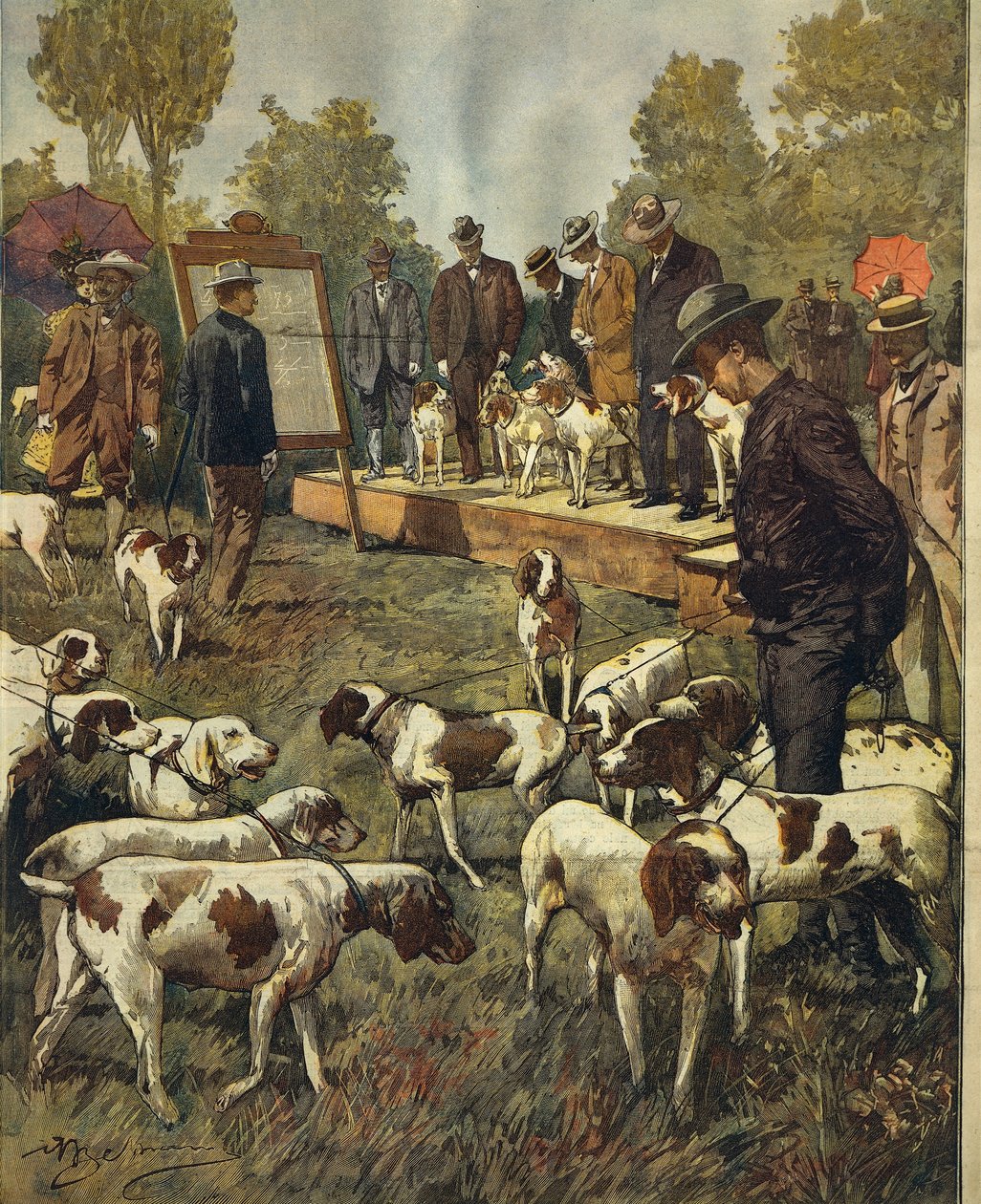Hundeutstilling og feltforsøk med jakthunder i San Siro (Milano), av Achille Beltrame (1871-1945), fra La Domenica del Corriere, 2. juli 1899 av Achille Beltrame
