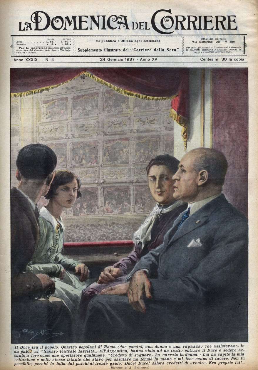 Duce Benito Mussolini, leder av den fascistiske regjeringen, som kom for å se et show på «Teatro Argentina» i Roma, slår seg ned mellom italienske tilskuere, som er så nær ham. Illustrasjon av Achille Beltrame i "" La domenica del corriere"& av Achille Beltrame
