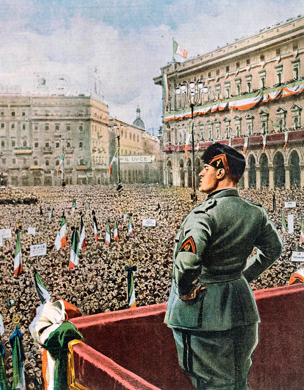 Duces tale på Piazza Duomo i Milano, av Achille Beltrame (1871-1945) fra utgaven av La Domenica del Corriere, mai 1930 av Achille Beltrame