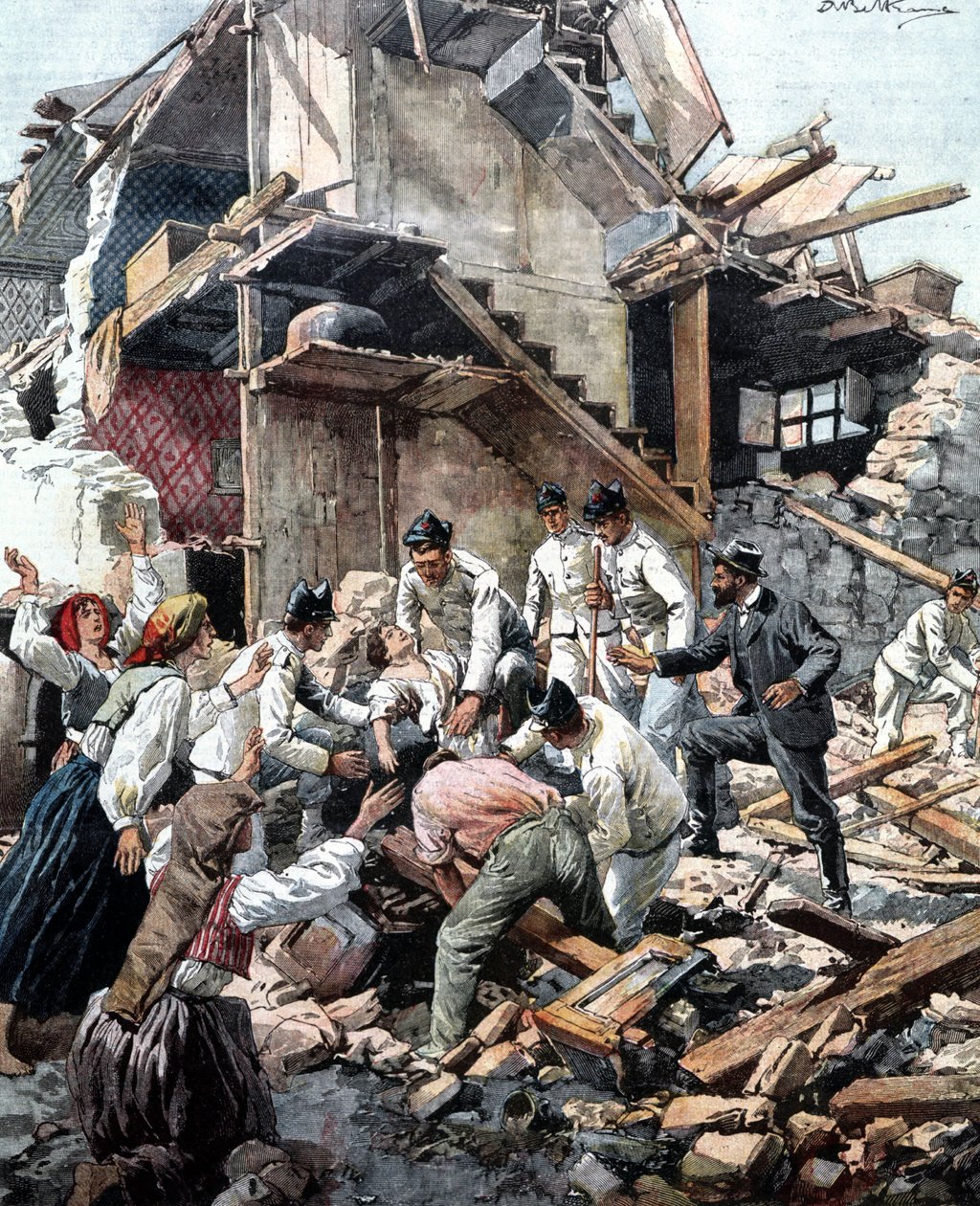 Jordskjelv i Reggio (Calabria) 28.12.1908. Soldater leter i ruinene etter ofrene for jordskjelvet. Illustrasjon av Beltrame. av Achille Beltrame