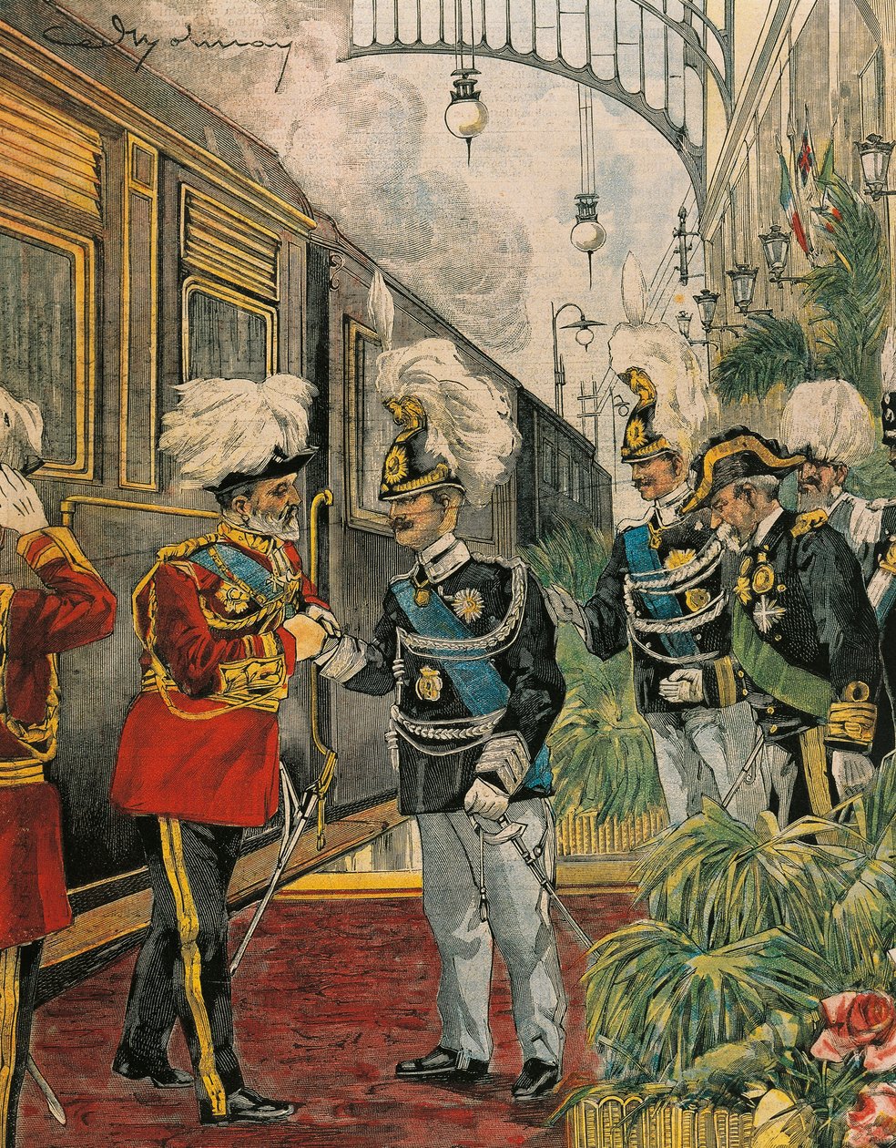 Edward VII, konge av England, ankommer Roma, av Achille Beltrame, illustrasjon, illustratør Achille Beltrame (1871-1945), fra La Domenica del Corriere av Achille Beltrame