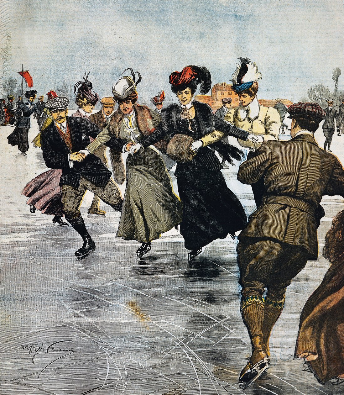 En vogue tidsfordriv, skøyter, illustrasjon av Achille Beltrame (1871-1945), fra La Domenica del Corriere, 27. januar av Achille Beltrame