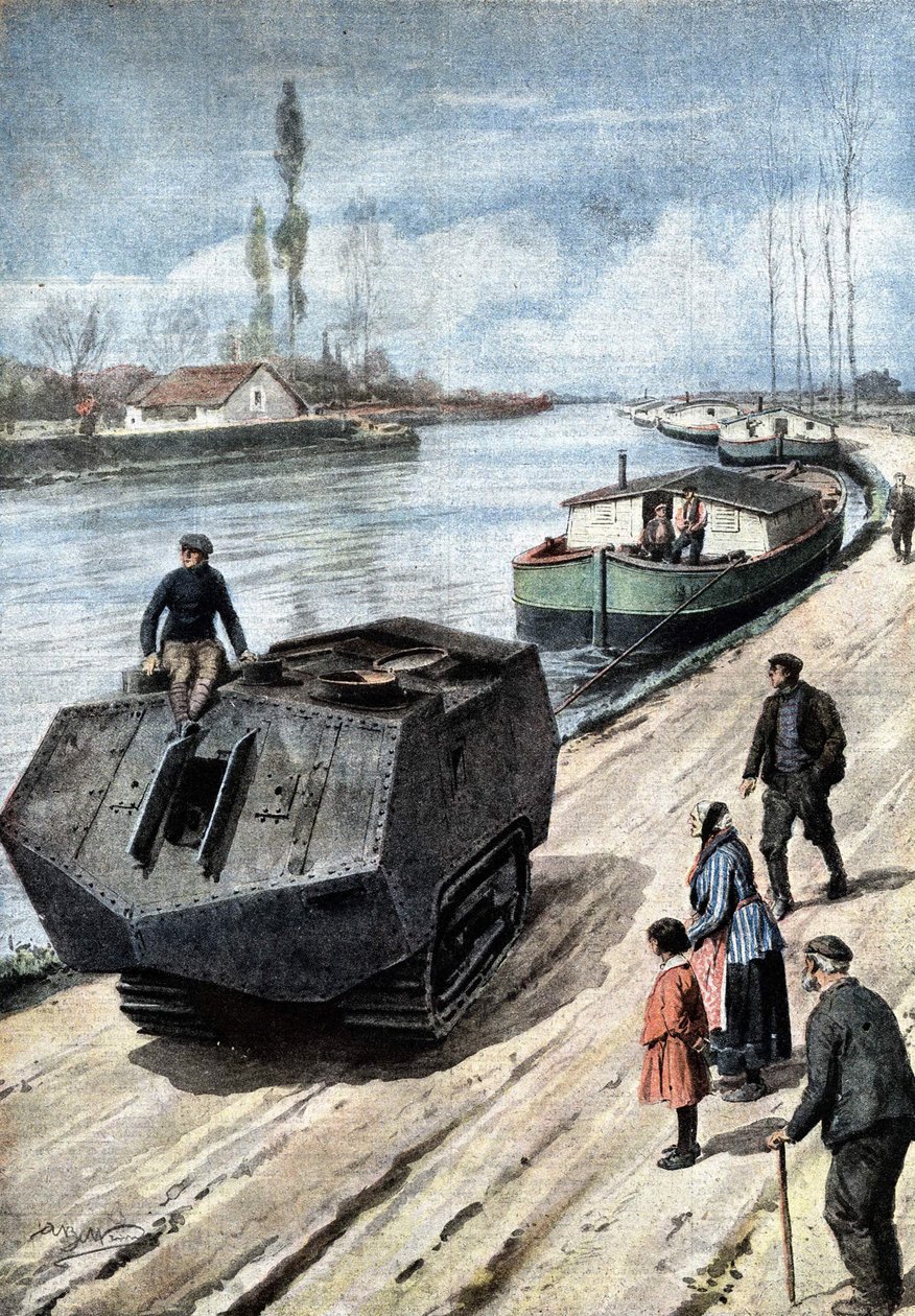 Slutten av første verdenskrig: den fredelige slutten på en formidabel krigsmaskin. Tanks sleper nå lektere på den franske kanalen. ill. de Beltrame. La Domenica del Corriere. 03/1919. av Achille Beltrame