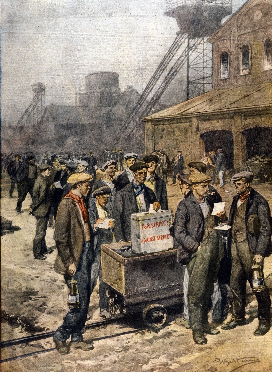 Engelske gruvearbeiderstreiker. Illustrasjon av Achille Beltrame. "Kurerens søndag" " av Achille Beltrame