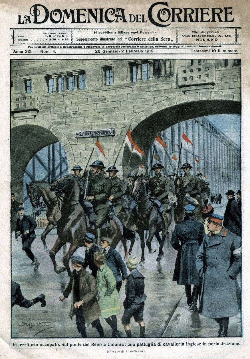 Engelsk tilstedeværelse i Tyskland: militære tropper på en Rhin-bro i Köln. Illustrasjon av Beltrame. La Domenica del Corriere. 01/1919. av Achille Beltrame