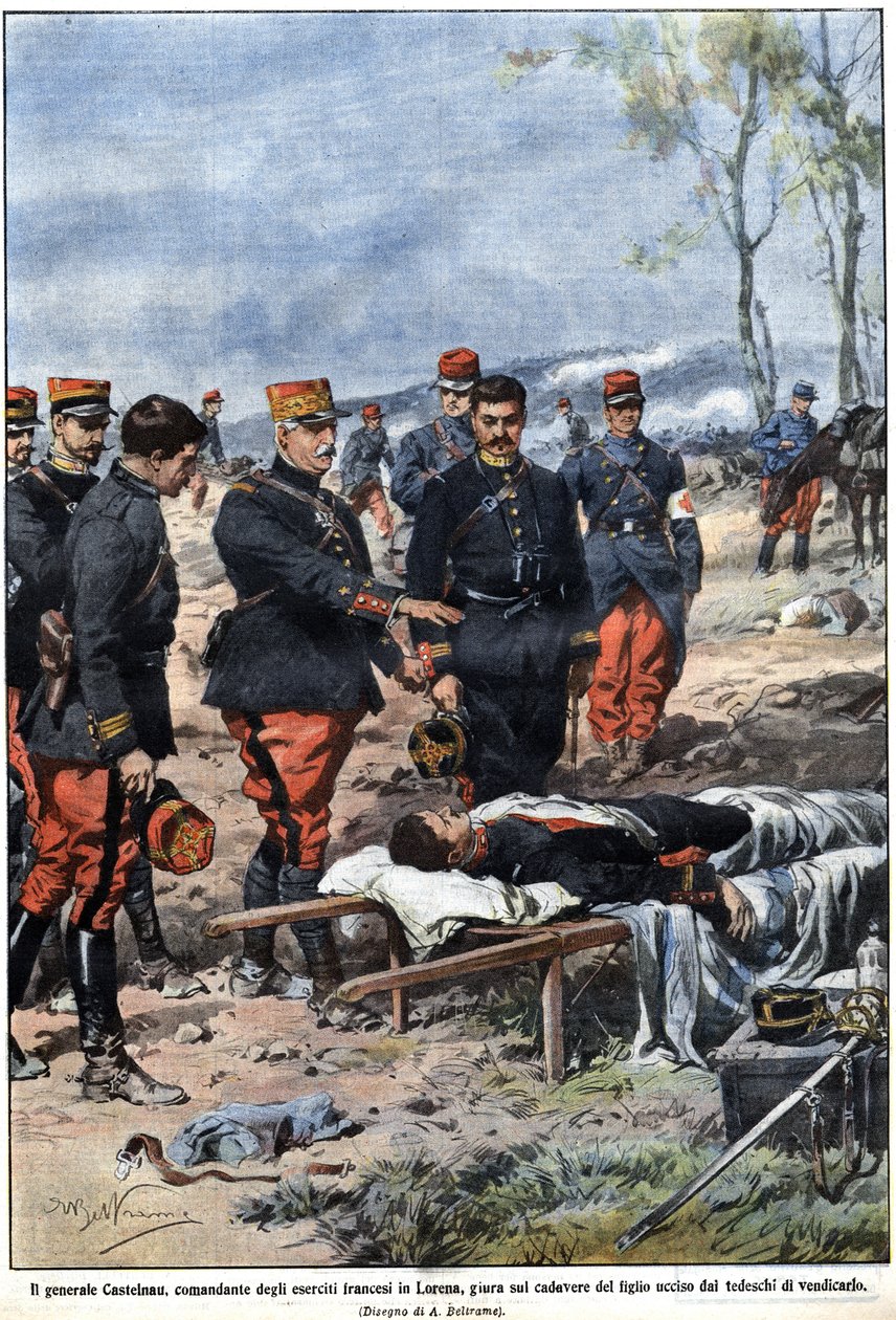 Episode av krigen i 1914: General Noel Edouard de Curieres de Castelnau (1851-1944), sjef for den franske hæren i Lorraine, sverger til liket av sin døde sønn for å hevne ham. Illustrasjon av Achille Beltrame i "" La Domenica del Corriere"" av Achille Beltrame