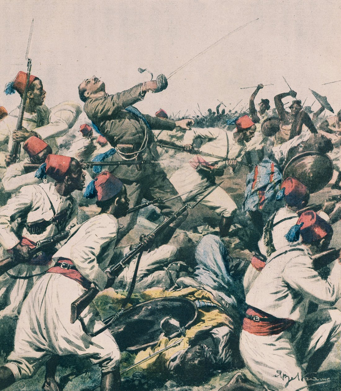 Etiopisk angrep på Lugh garnison og drap på kaptein Bongiovanni, av Achille Beltrame, illustrasjon, Achille Beltrame (1871-1945), fra La Domenica del Corriere av Achille Beltrame