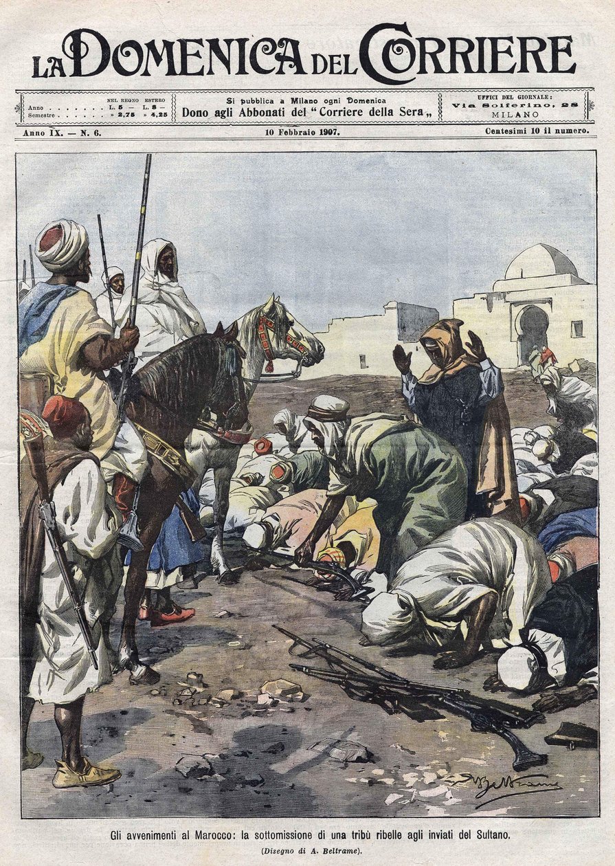 Hendelser i Marokko: en opprørsstamme overgir seg til sultanens representanter. Illustrasjon av Beltrame. La Domenica del Corriere av Achille Beltrame