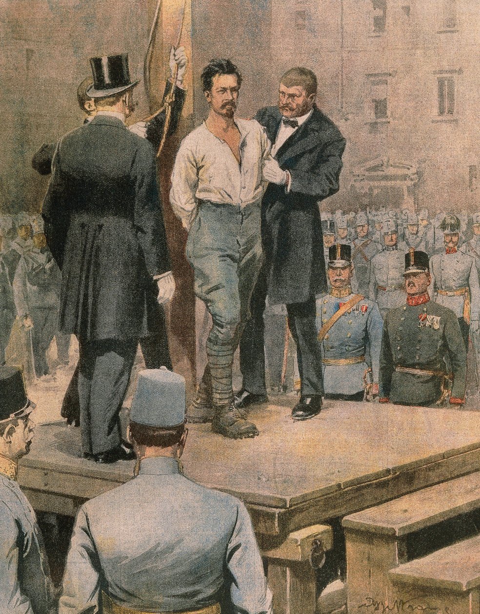 Henrettelse av Cesare Battisti i Trento, av Achille Beltrame, illustrasjon, illustratør Achille Beltrame (1871-1945), fra La Domenica del Corriere, juli 1916 av Achille Beltrame