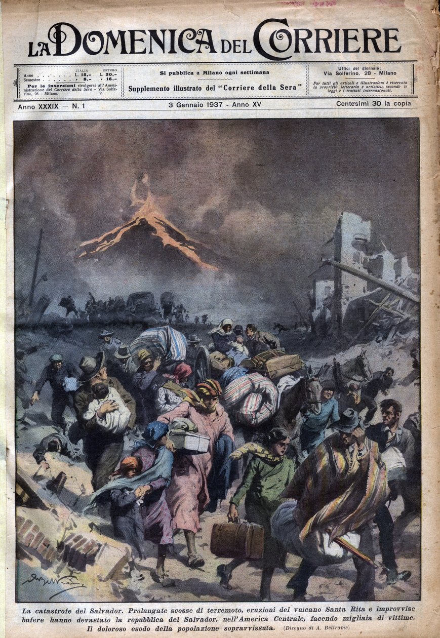 Utvandring av befolkningen i El Salvador etter jordskjelvet og utbruddene fra Santa Rita-vulkanen. Illustrasjon av Achille Beltrame i "" La domenica del corriere"" 03/01/1937. av Achille Beltrame