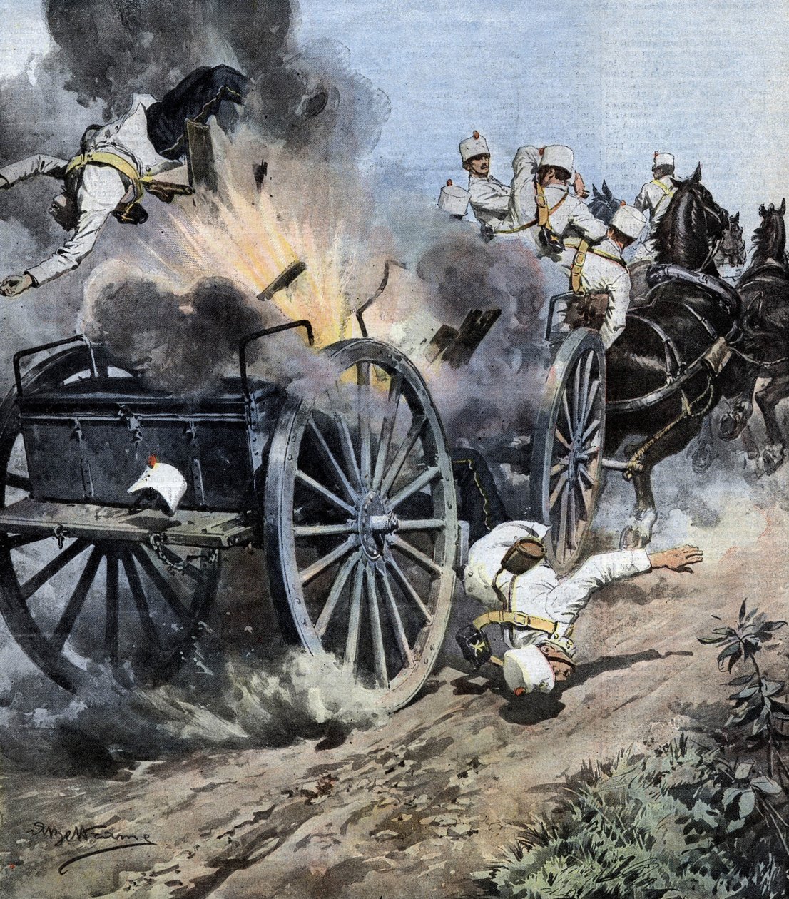 Eksplosjon av en artillerikasse nær Capannori i Lucca-regionen under flyttingen av det 7. artilleriregimentet til den italienske Armee. ill. de Beltrame. La Domenica del Corriere. 08/1909. av Achille Beltrame