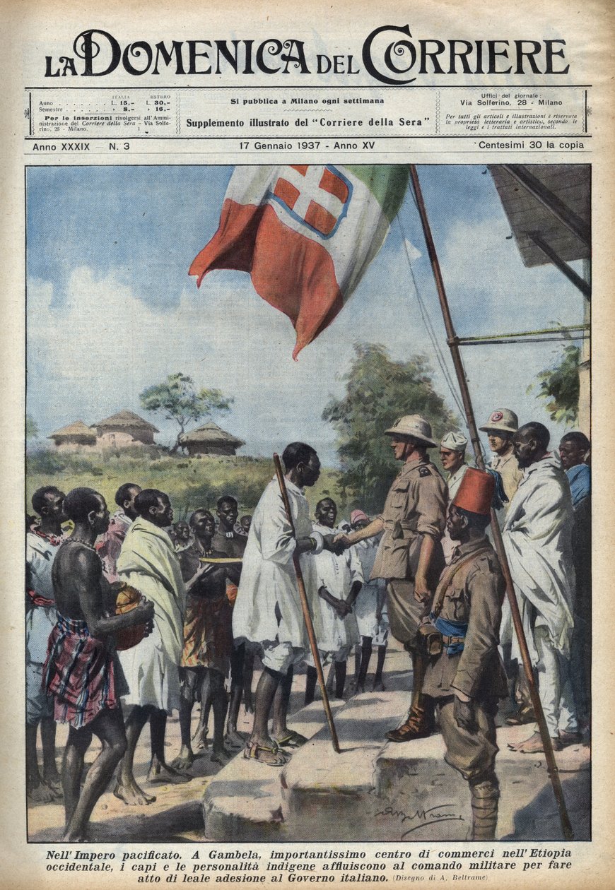 Fascisme 1937: Møter i Gambela, handelssenteret til det etiopiske riket, for urbefolkningshøvdinger og personligheter for å foreta en handling om tiltredelse til den italienske regjeringen. Illustrasjon av Achille Beltrame i "" La domenica del corriere"" 1 av Achille Beltrame