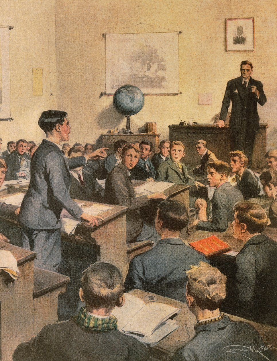 Kamp mot analfabetisme, barn på skolen, av Achille Beltrame, illustrasjon, Illustratør Achille Beltrame (1871-1945), fra La Domenica del Corriere av Achille Beltrame