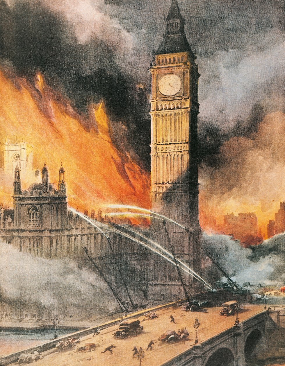 Brann ved Westminster Palace, London, etter tysk bombing, illustrasjon fra 