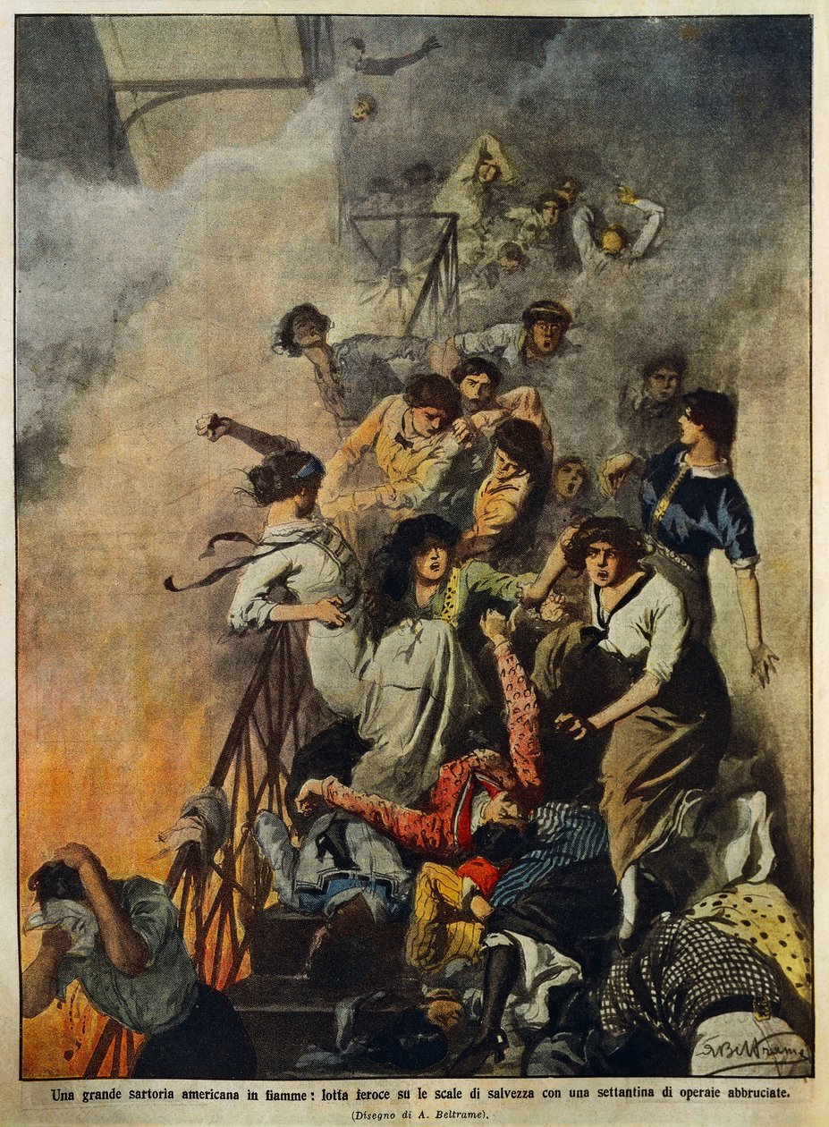 Brann i stor amerikansk tekstilfabrikk: arbeidere i trappeoppgangen, illustrasjon av Achille Beltrame (1871-1945), fra La Domenica del Corriere, 10. august av Achille Beltrame