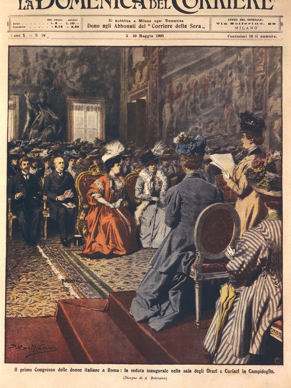 Første italienske kvinnekongress på Capitol, Roma, illustrasjon av Achille Beltrame fra La Domenica del Corriere, 3. mai av Achille Beltrame