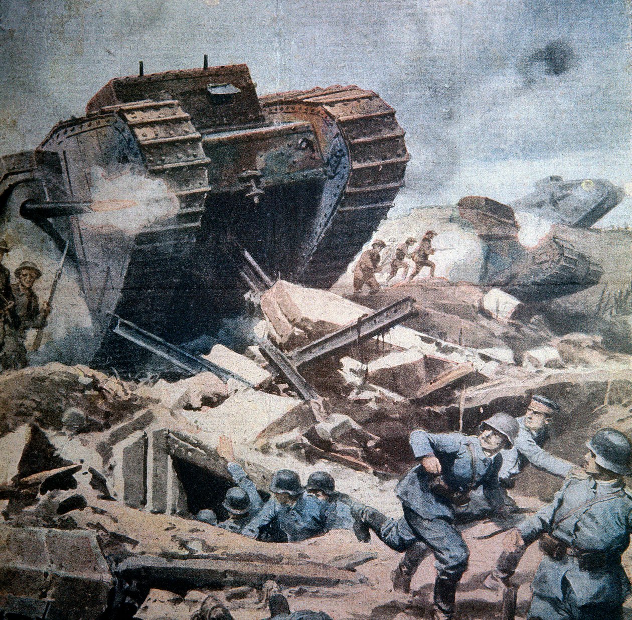 Første verdenskrig (1914-1918): "" Angrep på engelske stridsvogner i Picardie"" Illustrasjon av Achilles beltrame fra La Domenica del Corriere 1916 av Achille Beltrame