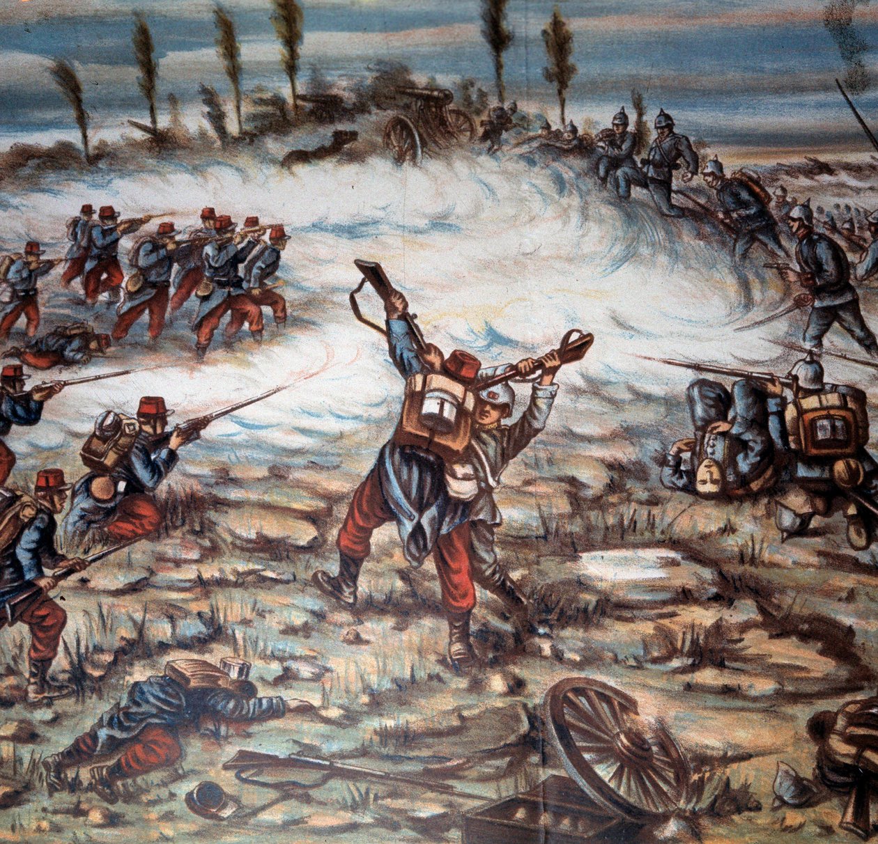 Første verdenskrig (1914-1918): et slag mellom de franske og tyske væpnede styrkene mellom Altkirch og Mulhouse 21.08.1914. Illustrasjon av Achille Beltrame (1871-1945). Privat samling av Achille Beltrame