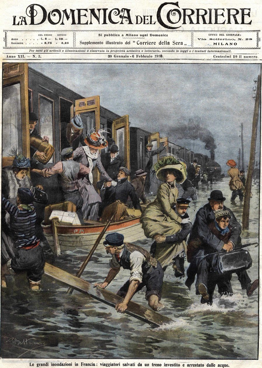 Floods in the around Paris in January 1910 cover of the “Domenica del corriere”” of February 6 av Achille Beltrame