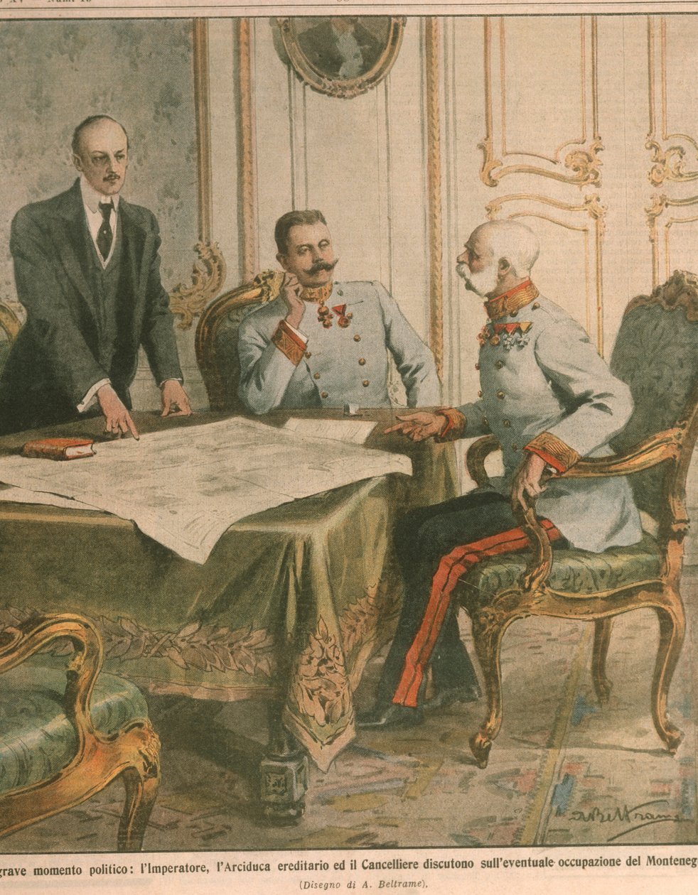 Franz Joseph I, keiser av Østerrike, diskuterer okkupasjonen av Montenegro, omslagsillustrasjon fra 'La Domenica del Corriere' av Achille Beltrame