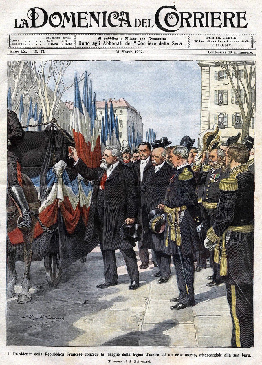Den franske presidenten Armand Fallieres (1841 - 1931) overrekker medaljen til Æreslegionen til en helt som døde i kamp. ill. de Beltrame. La Domenica del Corriere. 31.03.1907. av Achille Beltrame