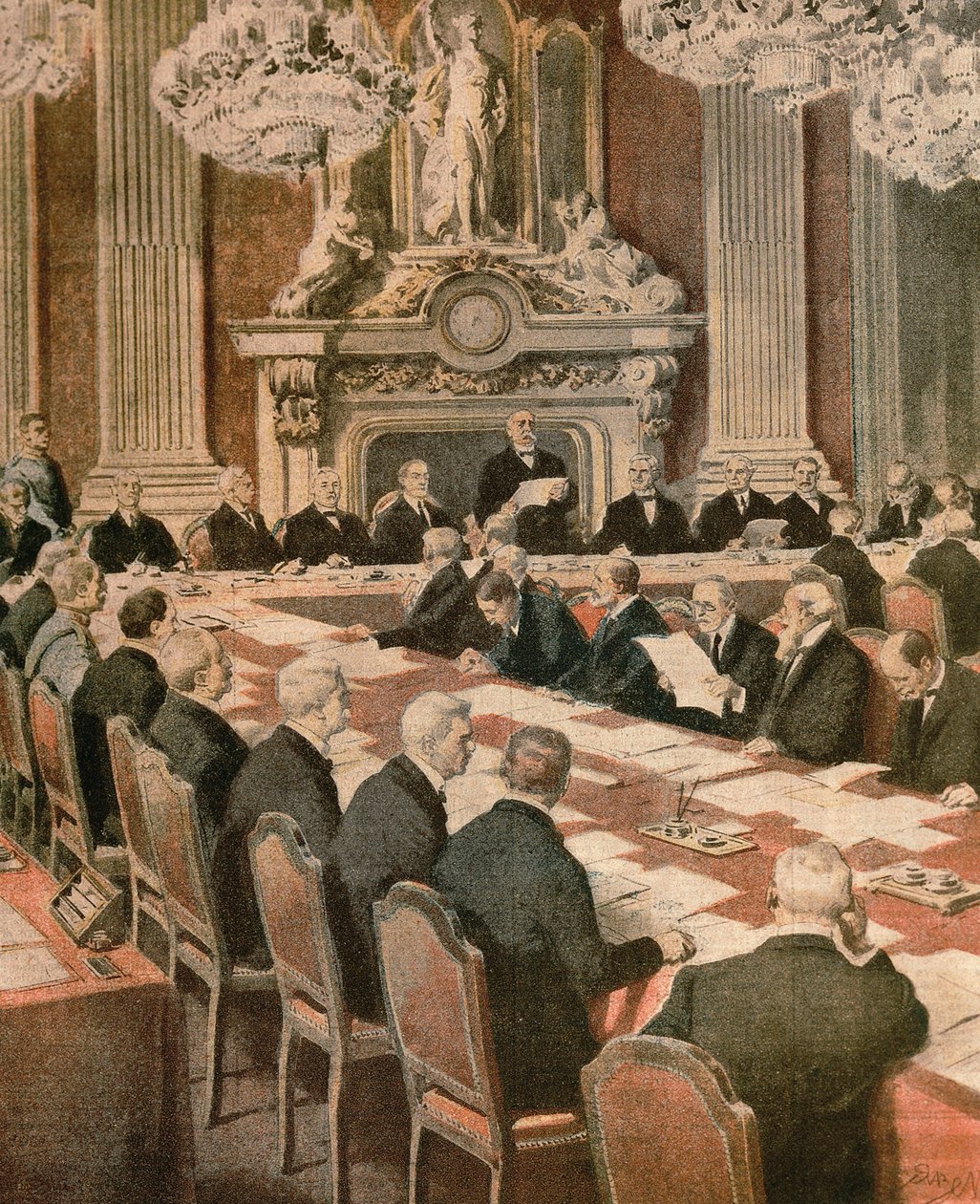 Frankrikes president Georges Clemenceau taler på fredskonferansen i Paris, av Achille Beltrame, illustrasjon, illustratør Achille Beltrame (1871-1945), fra La Domenica del Corriere av Achille Beltrame