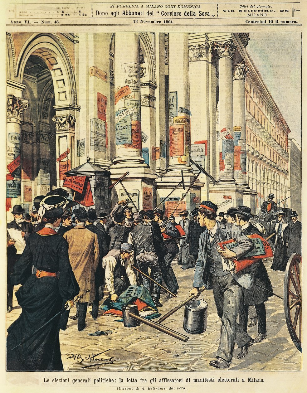 Stortingsvalg i Milano: konfrontasjoner mellom mennesker som henger politiske plakater i Milano, av Achille Beltrame (1871-1945), fra La Domenica del Corriere av Achille Beltrame