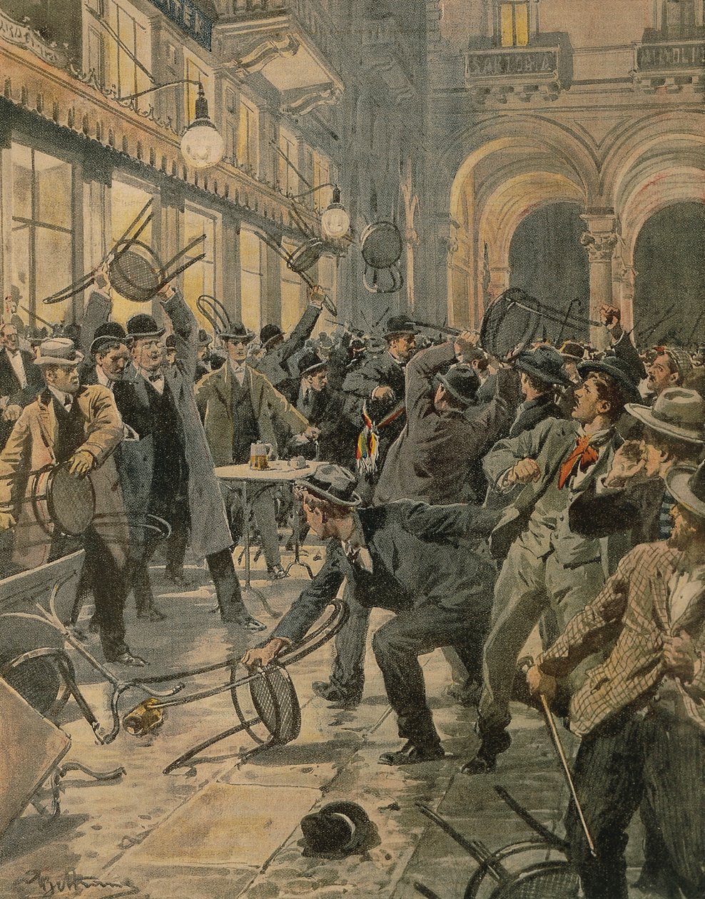 Generell arbeiderstreik i Milano, opptøyer i Galleria Vittorio Emanuele II, av Achille Beltrame, illustrasjon, illustratør Achille Beltrame (1871-1945), fra La Domenica del Corriere av Achille Beltrame