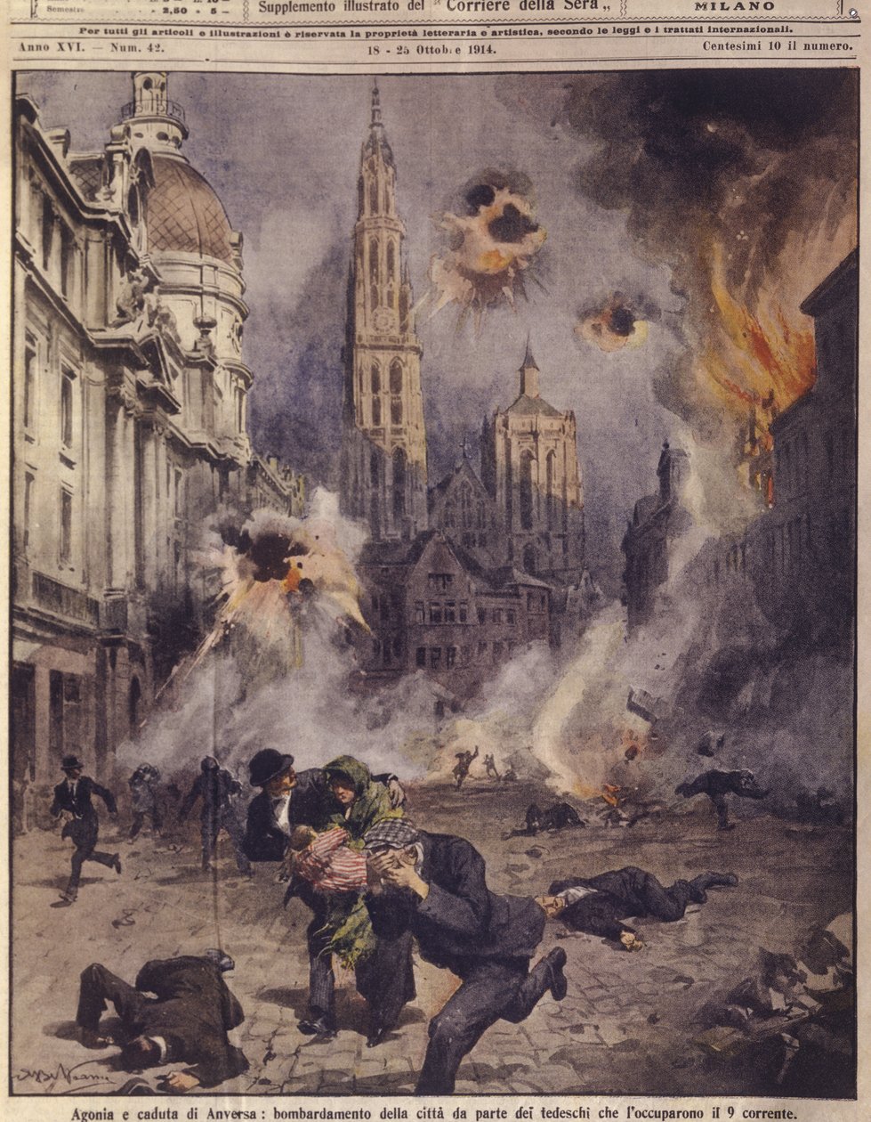 Tyske fly bomber Antwerpen. fra "La Domenica del Corriere" av Achille Beltrame