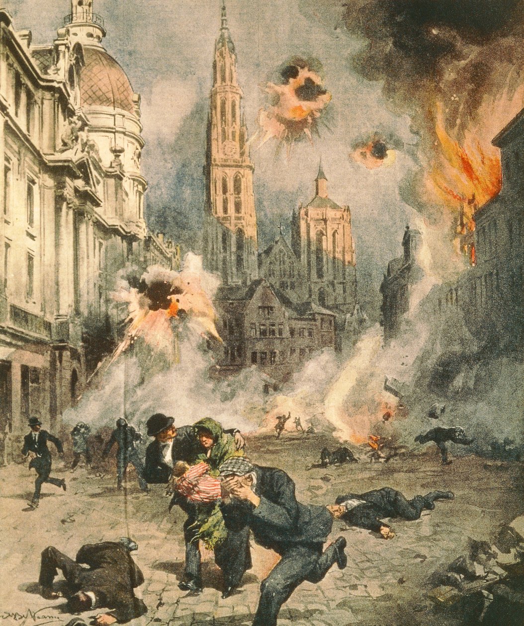 Tyskere som bomber og okkuperer Antwerpen, av Achille Beltrame (1871-1945), illustrasjon fra La Domenica del Corriere av Achille Beltrame