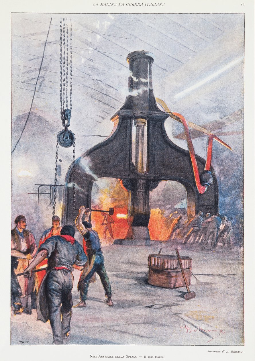 Kjempehammer ved arsenal i La Spezia, av Achille Beltrame, illustrasjon, illustratør Achille Beltrame (1871-1945), fra La Domenica del Corriere av Achille Beltrame
