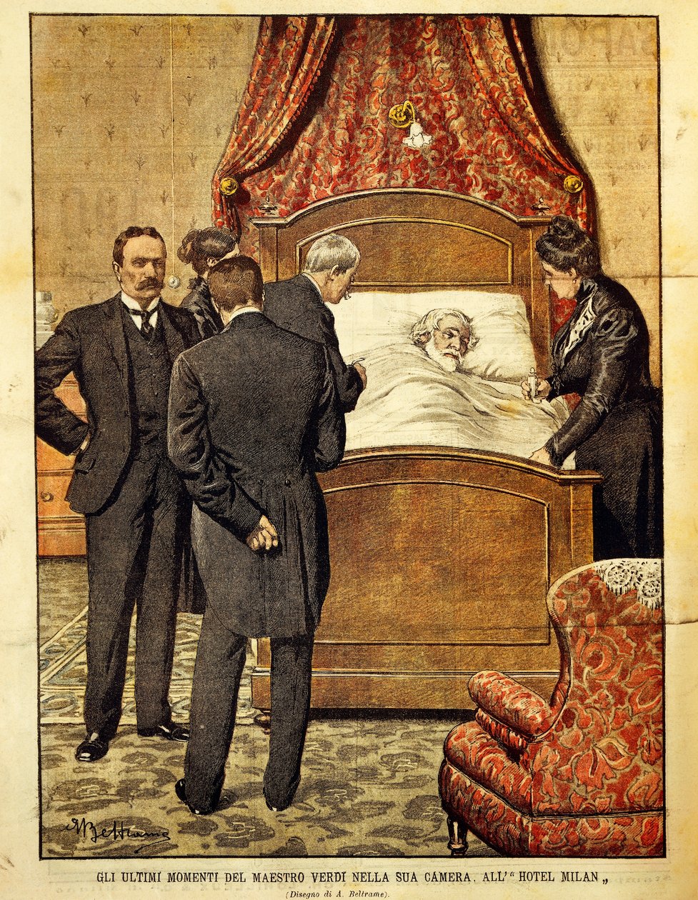 Giuseppe Verdi (1813-1901) døende, illustrasjon av Achille Beltrame (1871-1945). Italia, 1900-tallet. av Achille Beltrame