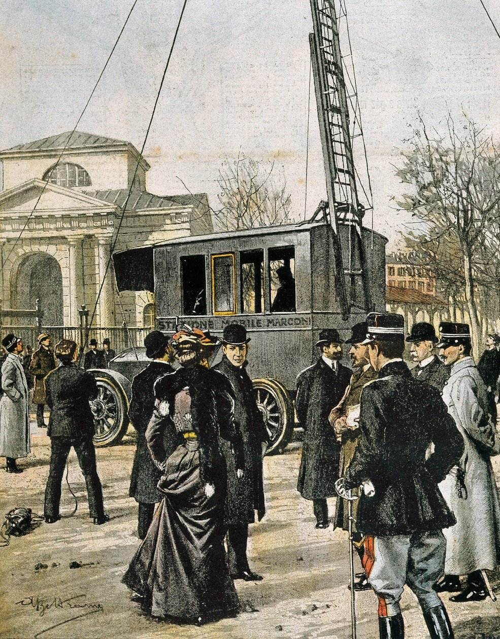 Guglielmo Marconi assisterer i Milano til testen av den første Stazione Radio Mobile. Illustrasjon av Achille Beltrame for "Domenica del Corriere"" (1906). Gravering. av Achille Beltrame