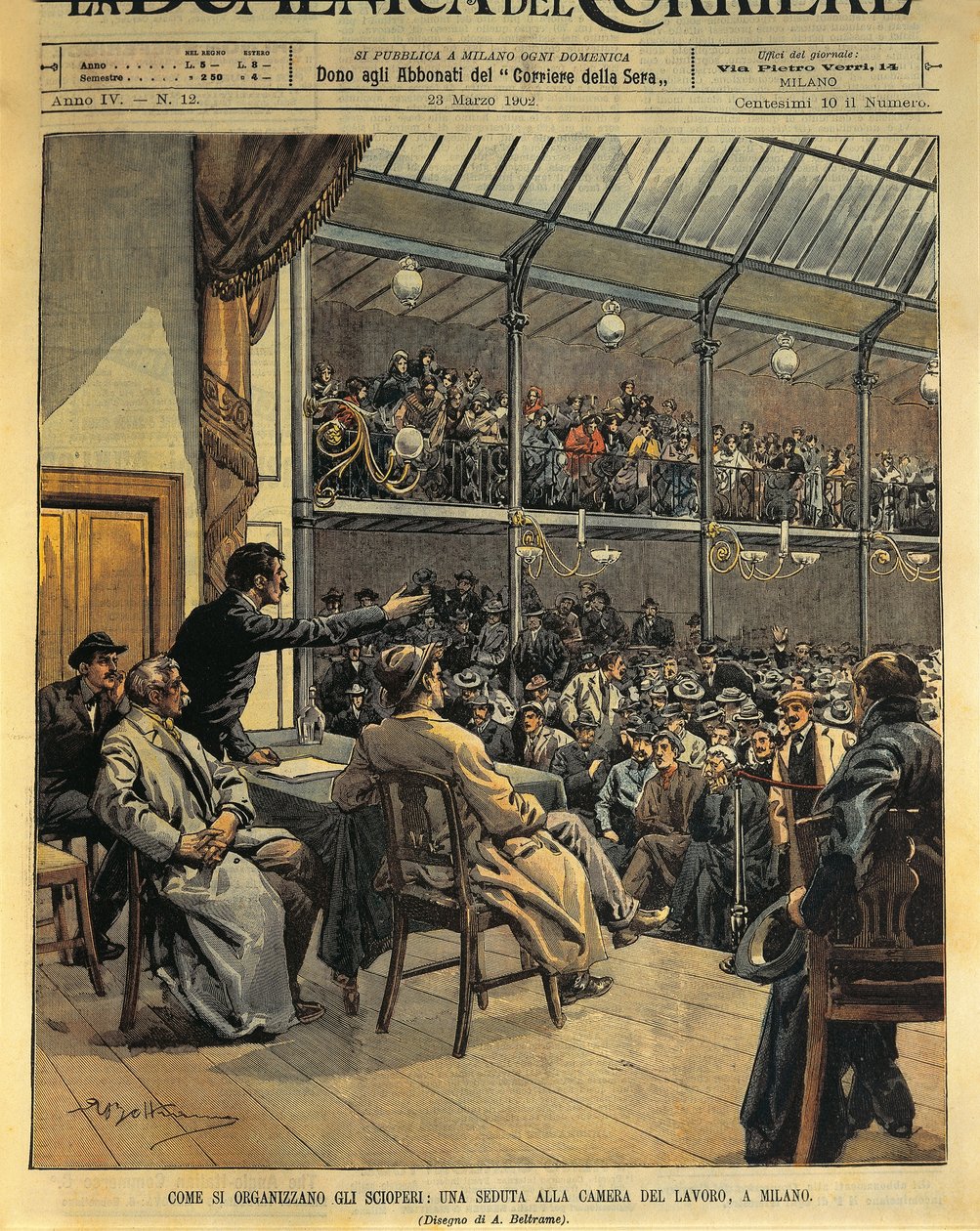 Hvordan organisere streiker, sesjon av Arbeidskammeret i Milano, illustrasjon av Achille Beltrame fra La Domenica del Corriere, 23. mars av Achille Beltrame