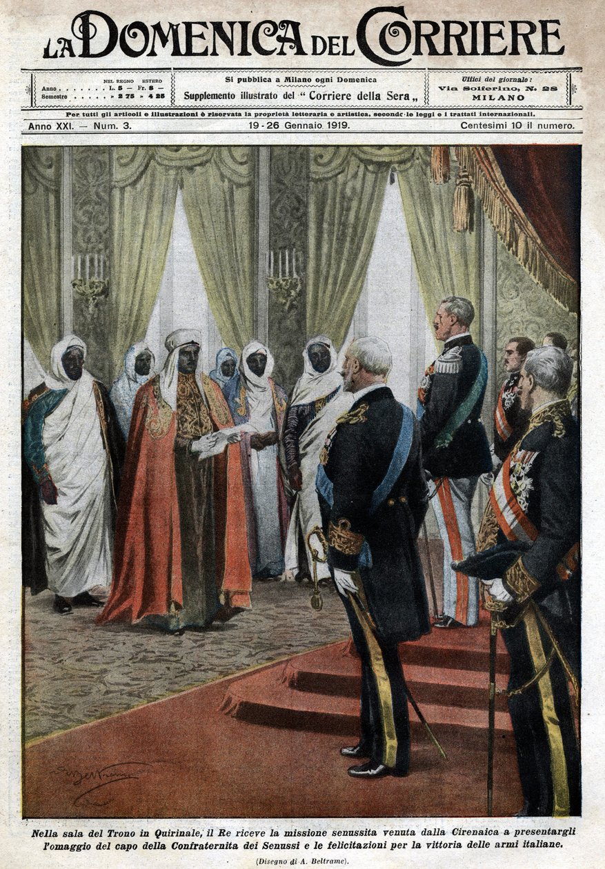 I tronsalen på Quirinale-palasset mottok den italienske kongen Victor Emmanuel III (Victor Emmanuel) (Vittorio Emanuele) Senousist-oppdraget til Cyrenaique (i Libya) som kom for å hylle og gratulere med seieren til den italienske troen. av Achille Beltrame