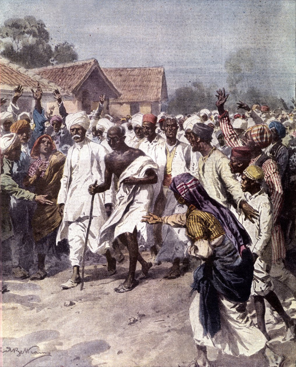 Den indiske politiske lederen og åndelige veilederen Mohandas Karamchand Gandhi (1869-1948) (Mahatma) begynte 12.03.1930 en saltmarsj for å oppnå Indias uavhengighet fra britene. Illustrasjon av Achille Beltrame fra "La domenica del Corriere"" 1930 av Achille Beltrame