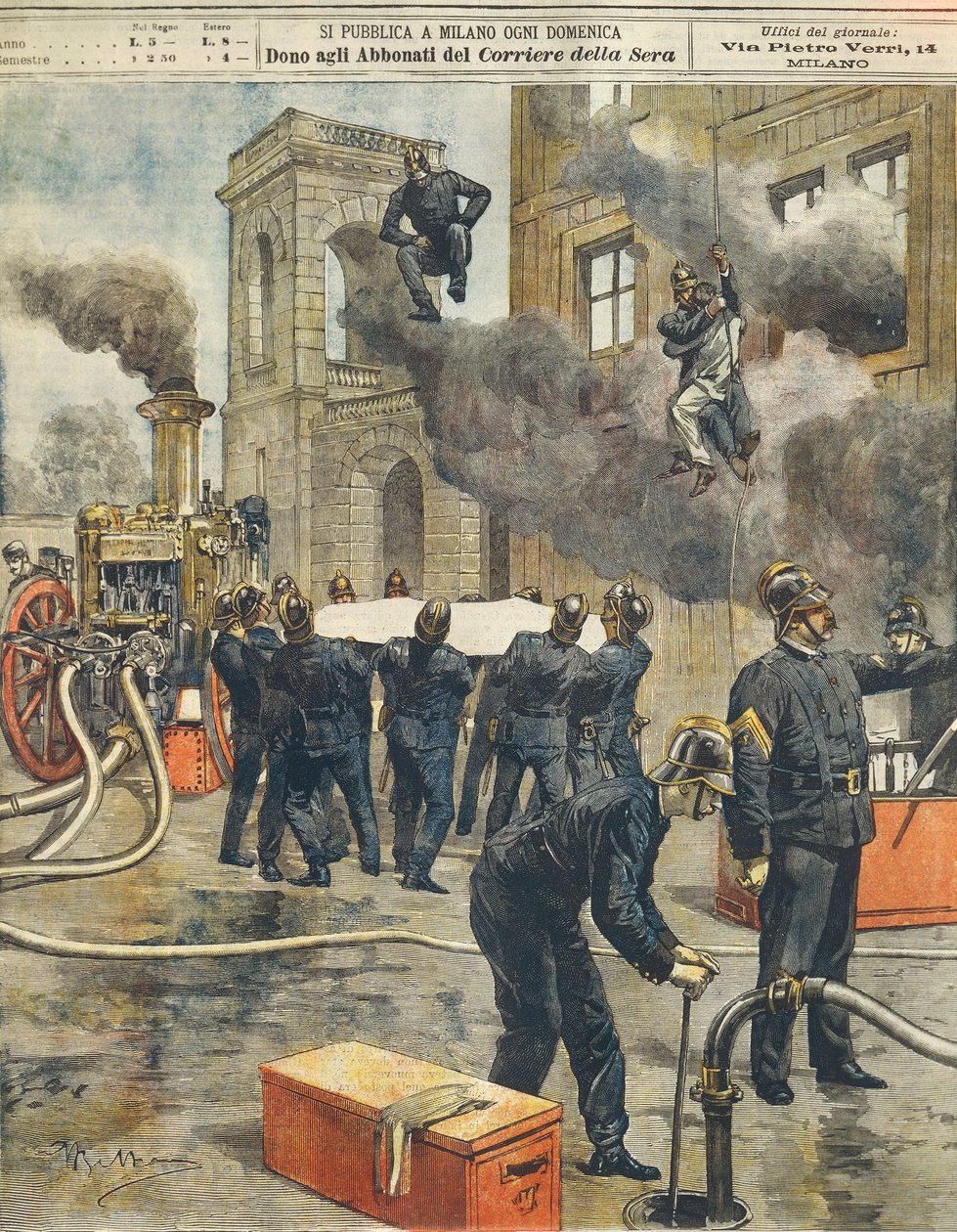 Italiensk brannmannskongress og demonstrasjon på Arena i Milano, av Achille Beltrame (1871-1945), fra La Domenica del Corriere, 24. september 1899 av Achille Beltrame