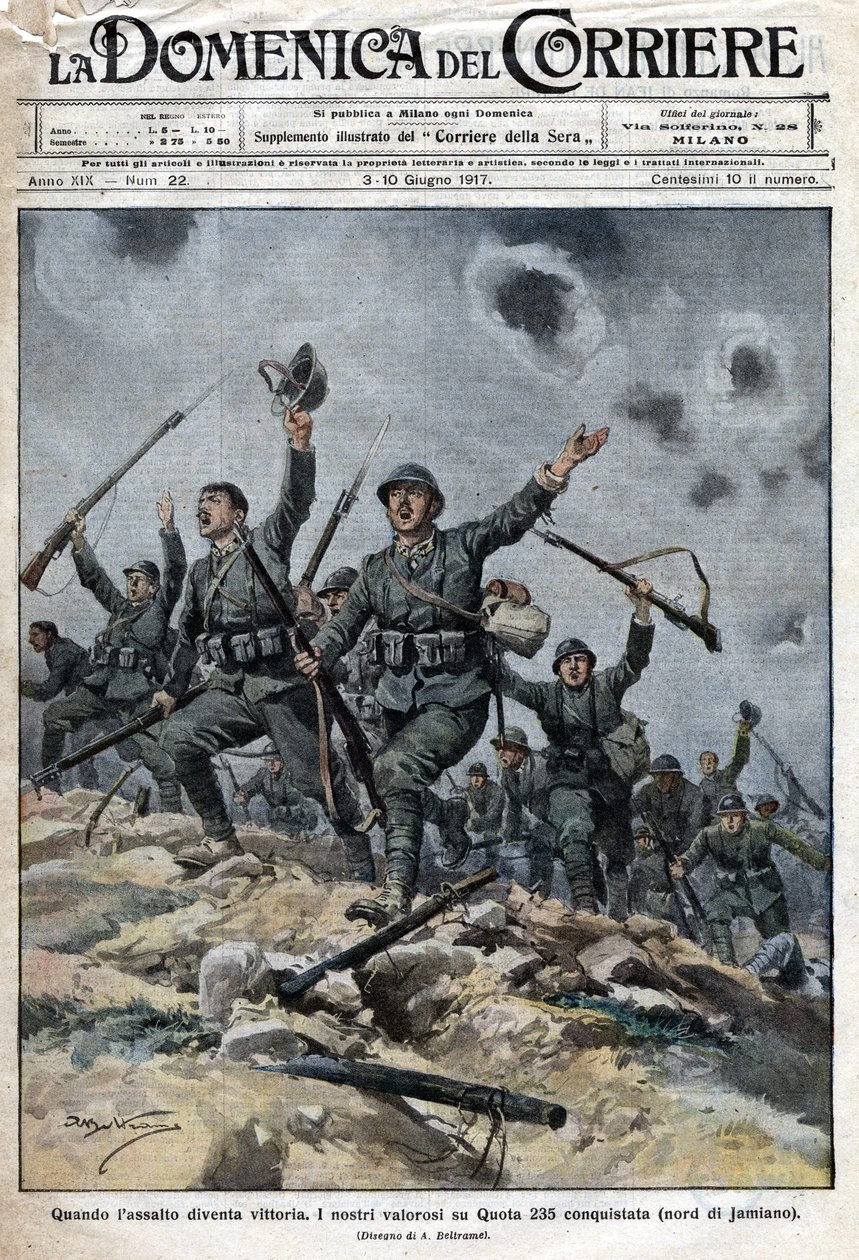 Italiensk hær vant over østerriksk-ungarske tropper på Karstfjellene i Slovenia. Italienerne gikk dermed videre mot Trieste. ill. de Beltrame. La Domenica del Corriere. 06/1917. av Achille Beltrame