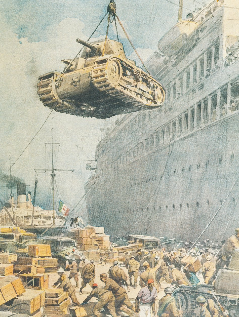 Italiensk konvoi som ankommer destinasjonen i Libya, av Achille Beltrame, illustrasjon, illustratør Achille Beltrame (1871-1945), fra La Domenica del Corriere av Achille Beltrame
