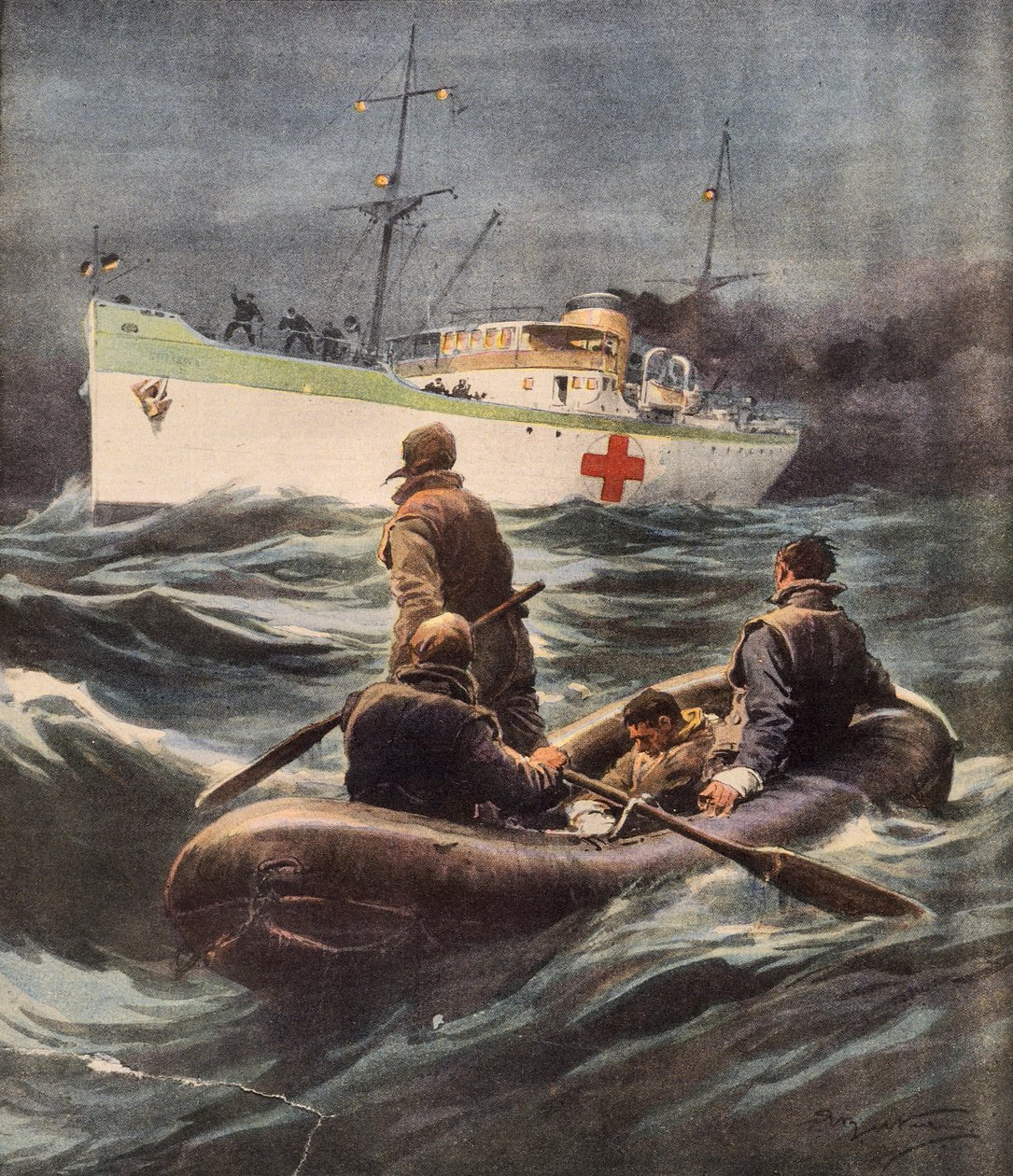 Italiensk sykehusskip som reddet fire tyske flyvere som ble skutt ned, av Achille Beltrame (1871-1945), illustrasjon fra La Domenica del Corriere, 23. februar av Achille Beltrame