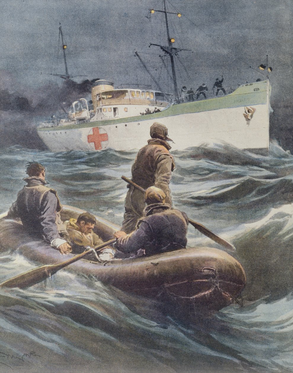 Italiensk sykehusskip som tar sårede om bord, av Achille Beltrame, illustrasjon, illustratør Achille Beltrame (1871-1945), fra La Domenica del Corriere, 23. mars 1941 av Achille Beltrame