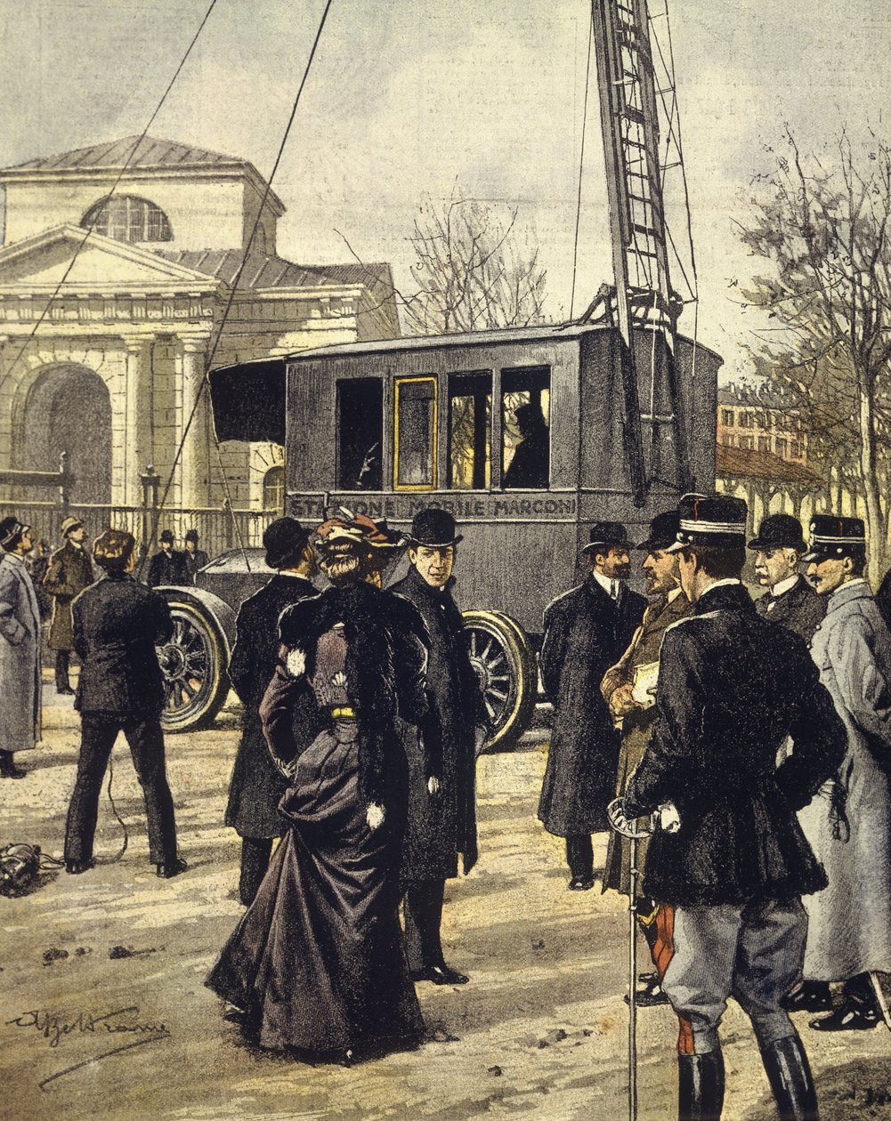 Den italienske fysikeren Guglielmo Marconi deltar på eksperimenter med den første mobilradiostasjonen i Milano 30. desember av Achille Beltrame