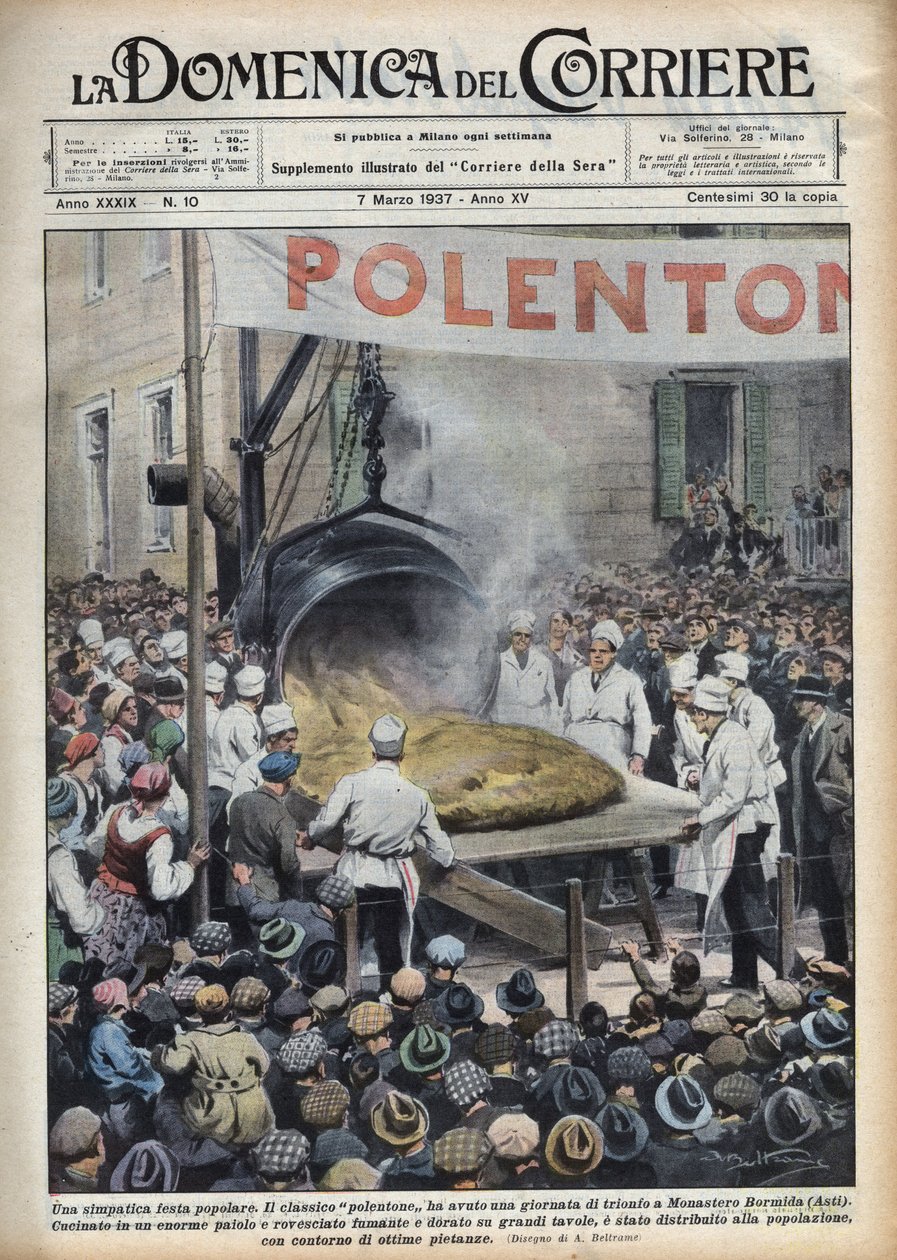 Italiensk populær festival: polenta geante (polentone) organisert i en by nær Asti i Veneto. Illustrasjon av Achille Beltrame i "La Domenica del Corriere" "av 07/03/1937. av Achille Beltrame